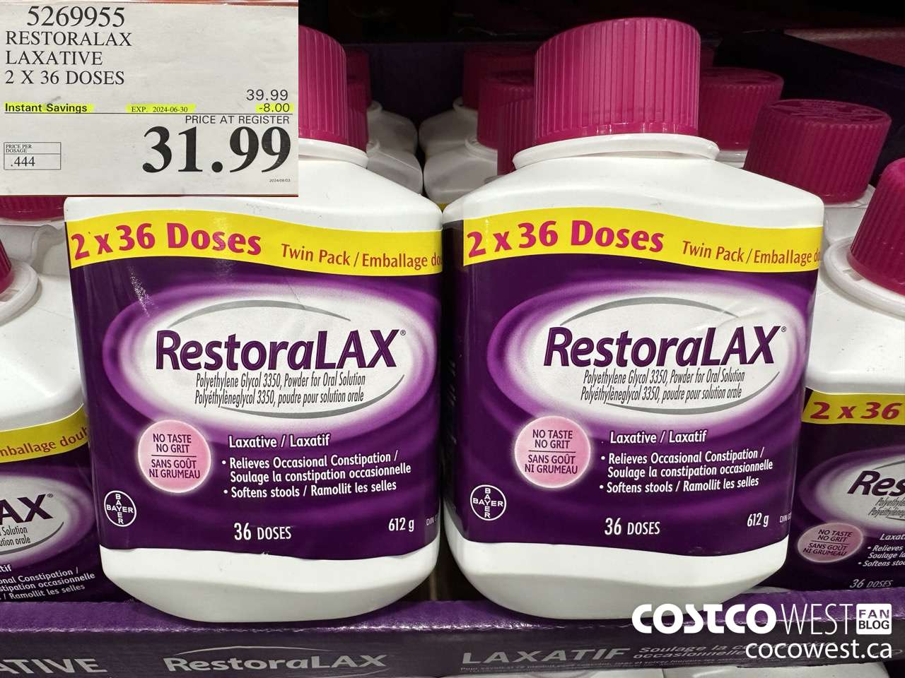 5269955 RESTORALAX LAXATIVE 2 X 36 DOSES ($8.00 INSTANT SAVINGS EXPIRES ON 2024-06-30) $31.99