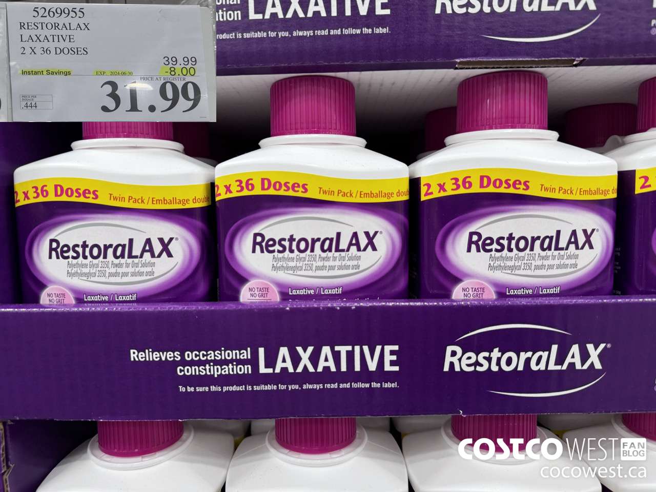 5269955 RESTORALAX LAXATIVE 2 X 36 DOSES ($8.00 INSTANT SAVINGS EXPIRES ON 2024-06-30) $31.99
