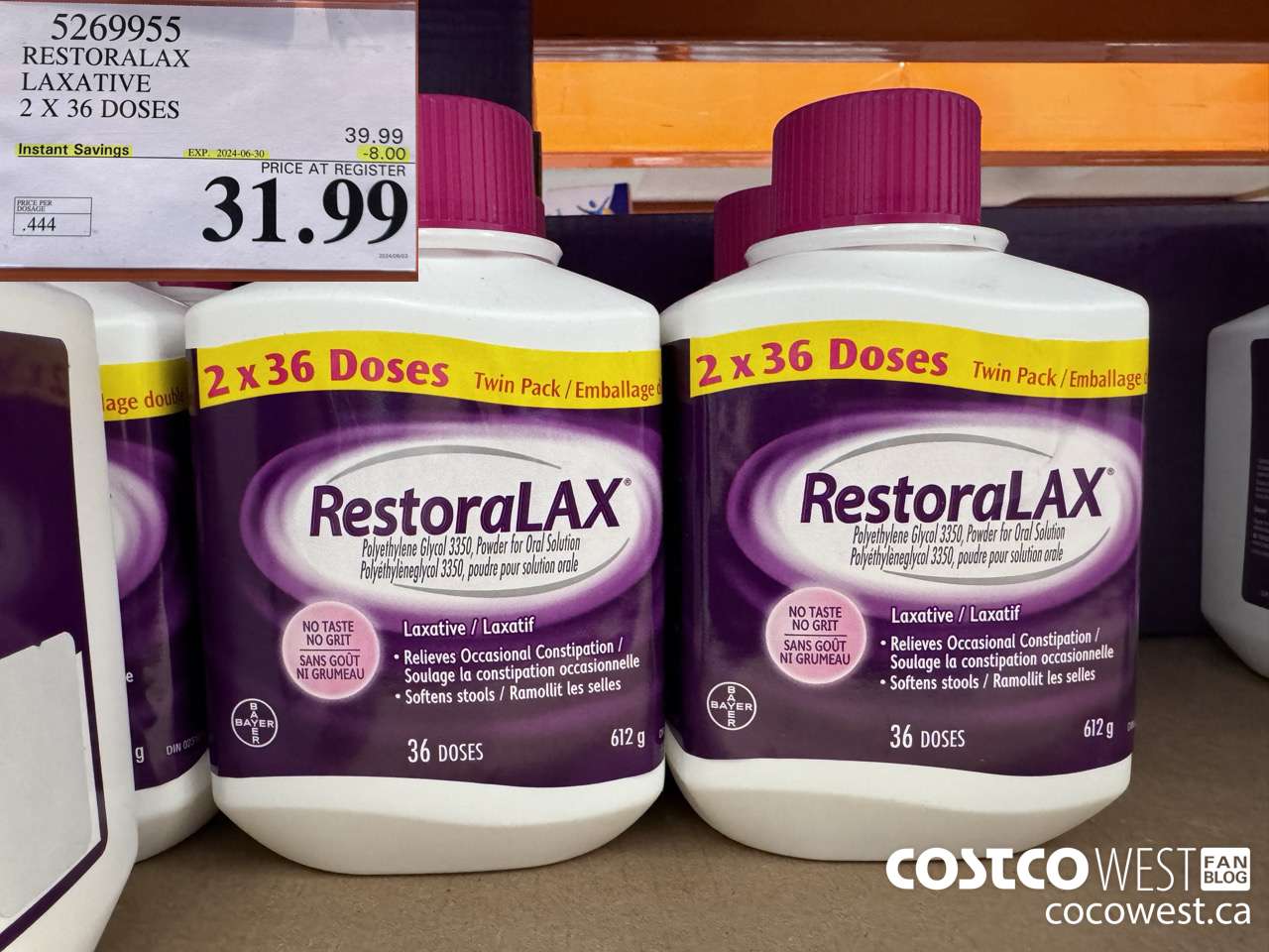 5269955 RESTORALAX LAXATIVE 2 X 36 DOSES ($8.00 INSTANT SAVINGS EXPIRES ON 2024-06-30) $31.99