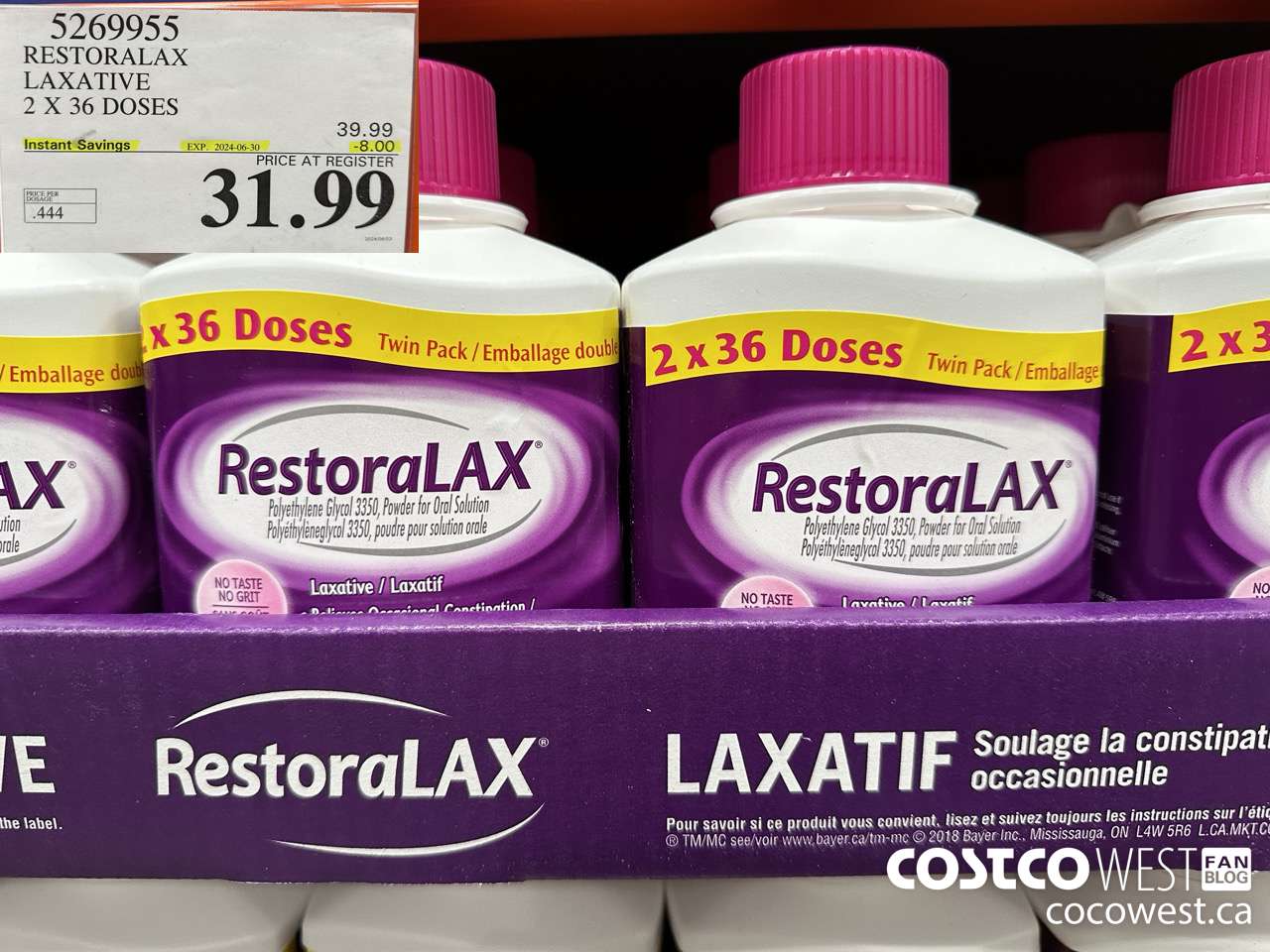 5269955 RESTORALAX LAXATIVE 2 X 36 DOSES ($8.00 INSTANT SAVINGS EXPIRES ON 2024-06-30) $31.99