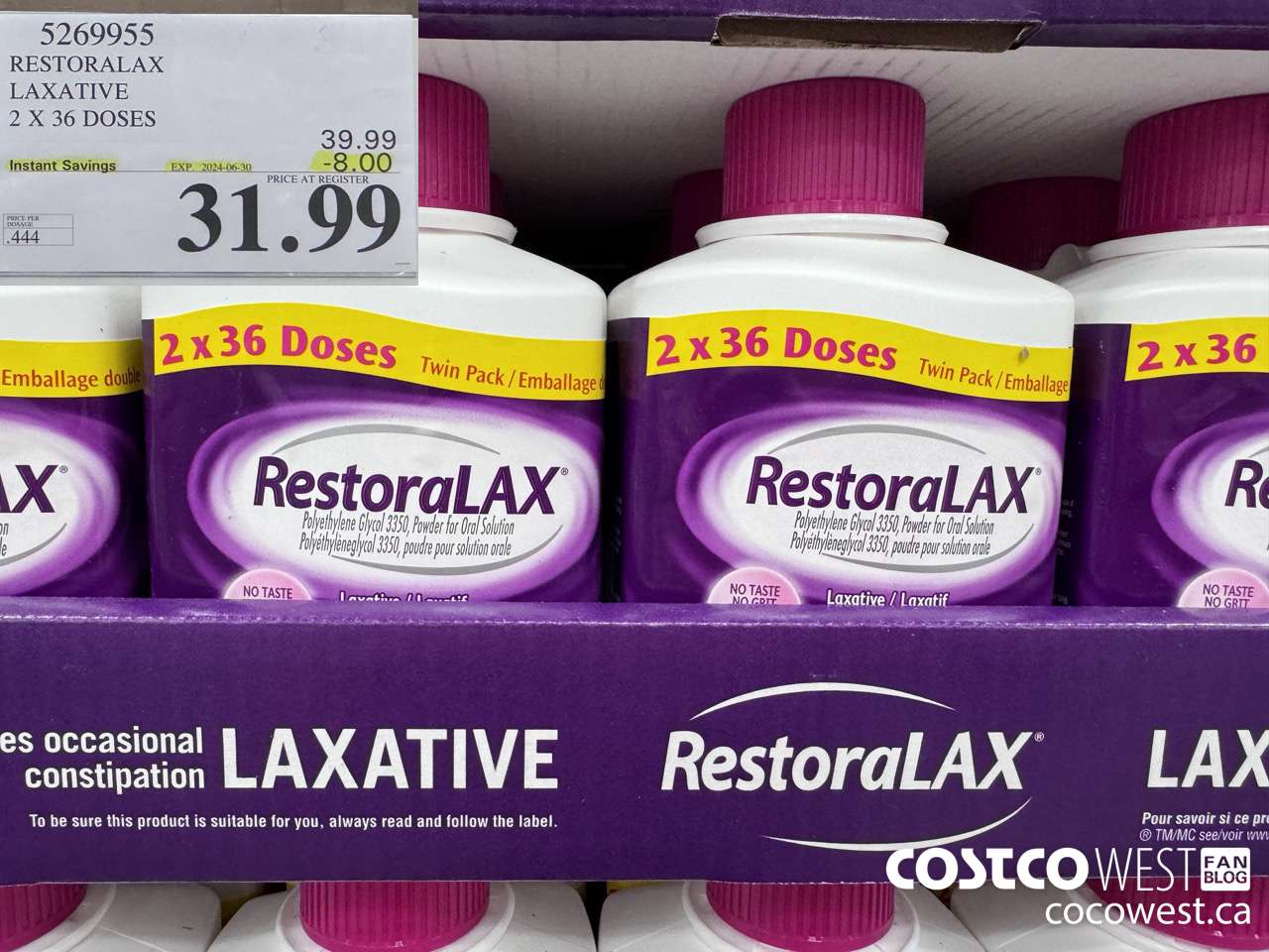 5269955 RESTORALAX LAXATIVE 2 X 36 DOSES ($8.00 INSTANT SAVINGS EXPIRES ON 2024-06-30) $31.99