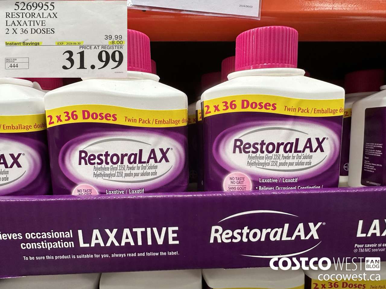 5269955 RESTORALAX LAXATIVE 2 X 36 DOSES ($8.00 INSTANT SAVINGS EXPIRES ON 2024-06-30) $31.99