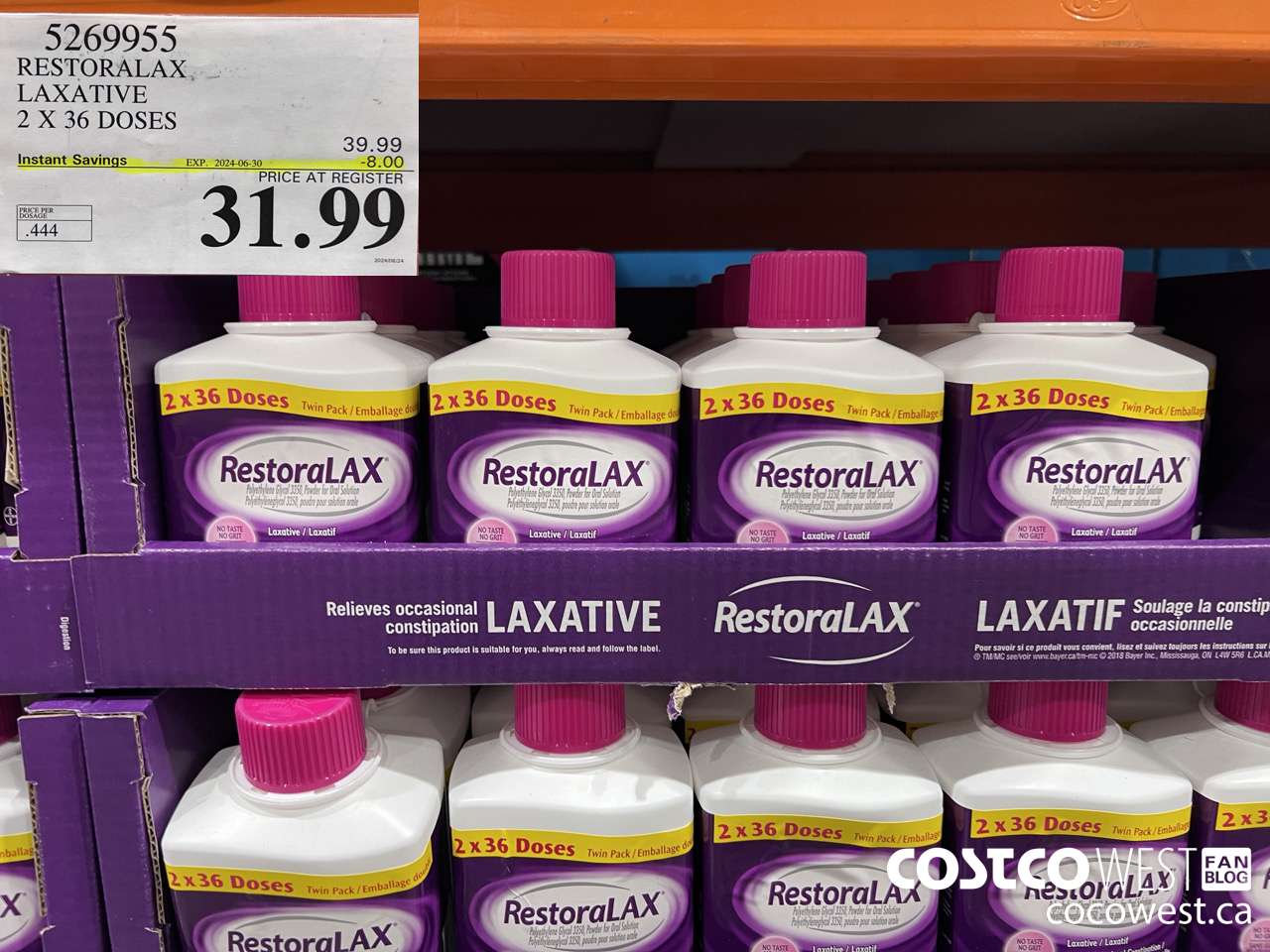 5269955 RESTORALAX LAXATIVE 2 X 36 DOSES ($8.00 INSTANT SAVINGS EXPIRES ON 2024-06-30) $31.99