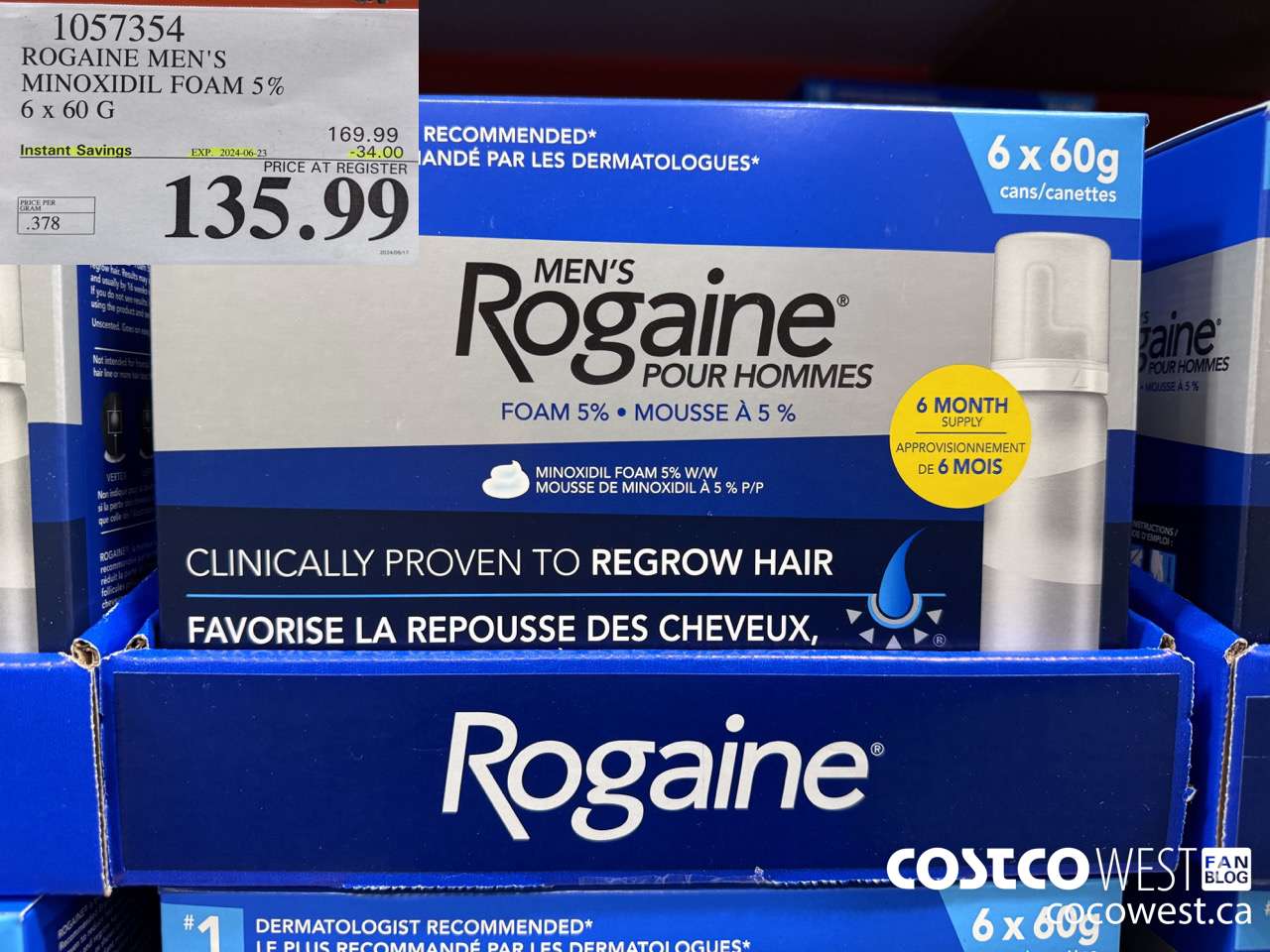 1057354 ROGAINE MEN'S MINOXIDIL FOAM 5% 6 X 60G ($34.00 INSTANT SAVINGS EXPIRES ON 2024-06-23) $135.99