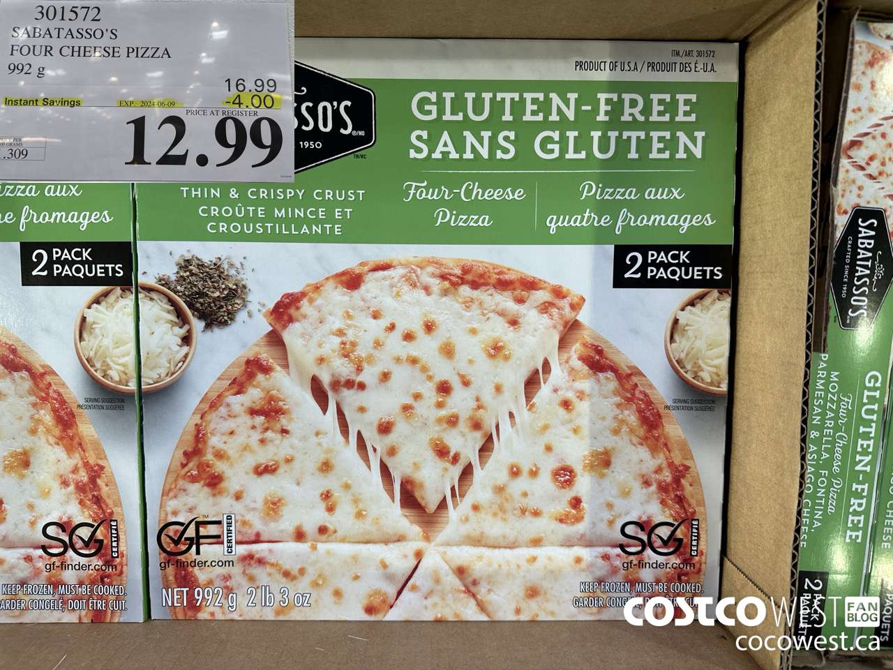 301572 SABATASSO'S GLUTEN-FREE CHEESE PIZZA 2 X 496 G ($4.00 INSTANT SAVINGS EXPIRES ON 2024-06-09) $12.99