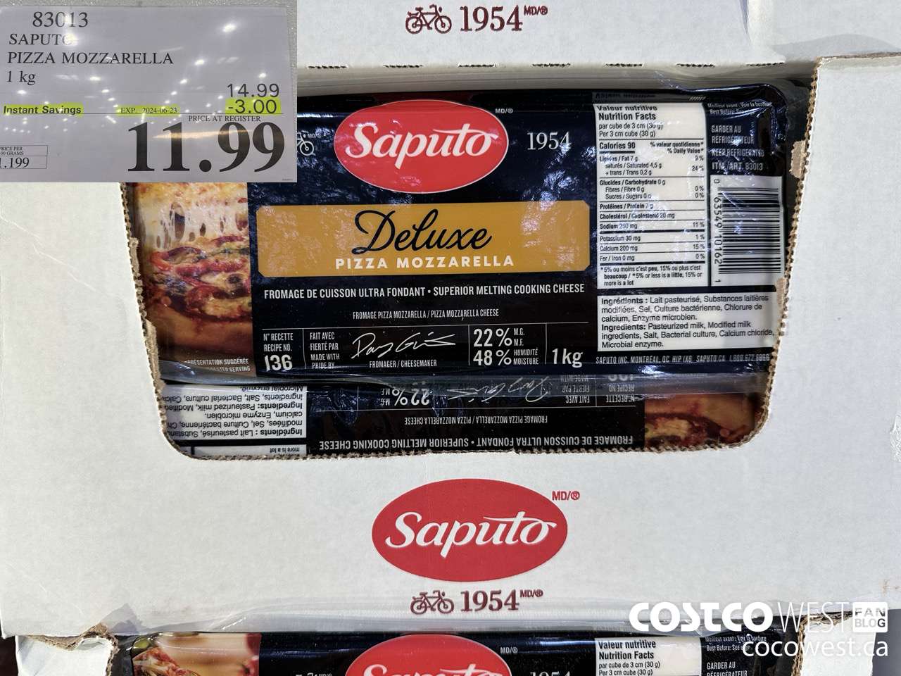 83013 SAPUTO PIZZA MOZZARELLA 1 kg ($3.00 INSTANT SAVINGS EXPIRES ON 2024-06-23) $11.99