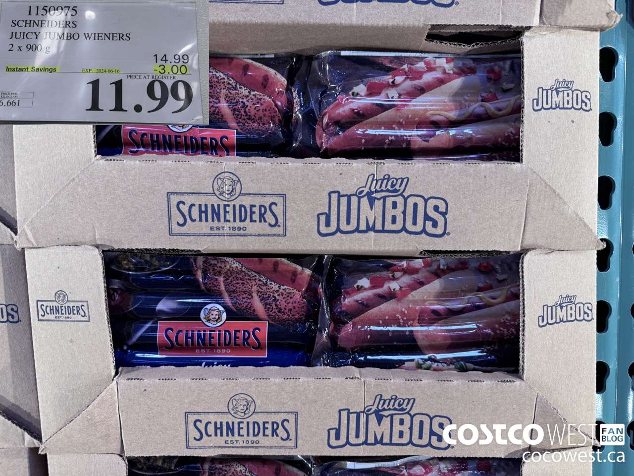 1150975 SCHNEIDERS JUICY JUMBO WIENERS 2 x 900 g ($3.00 INSTANT SAVINGS EXPIRES ON 2024-06-16) $11.99