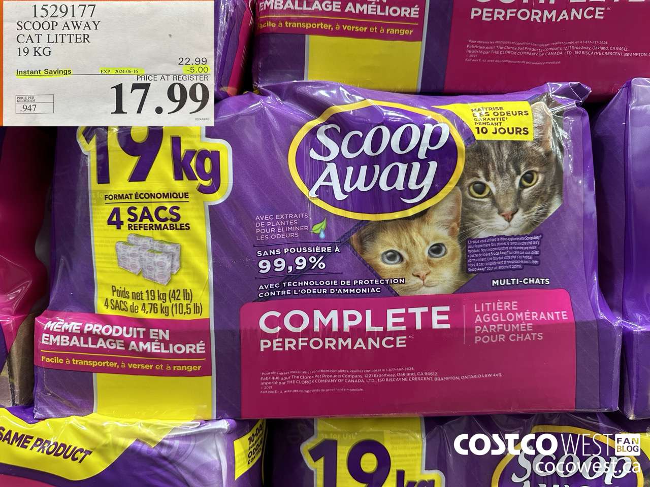 1529177 SCOOP AWAY CAT LITTER 19 KG ($5.00 INSTANT SAVINGS EXPIRES ON 2024-06-16) $17.99