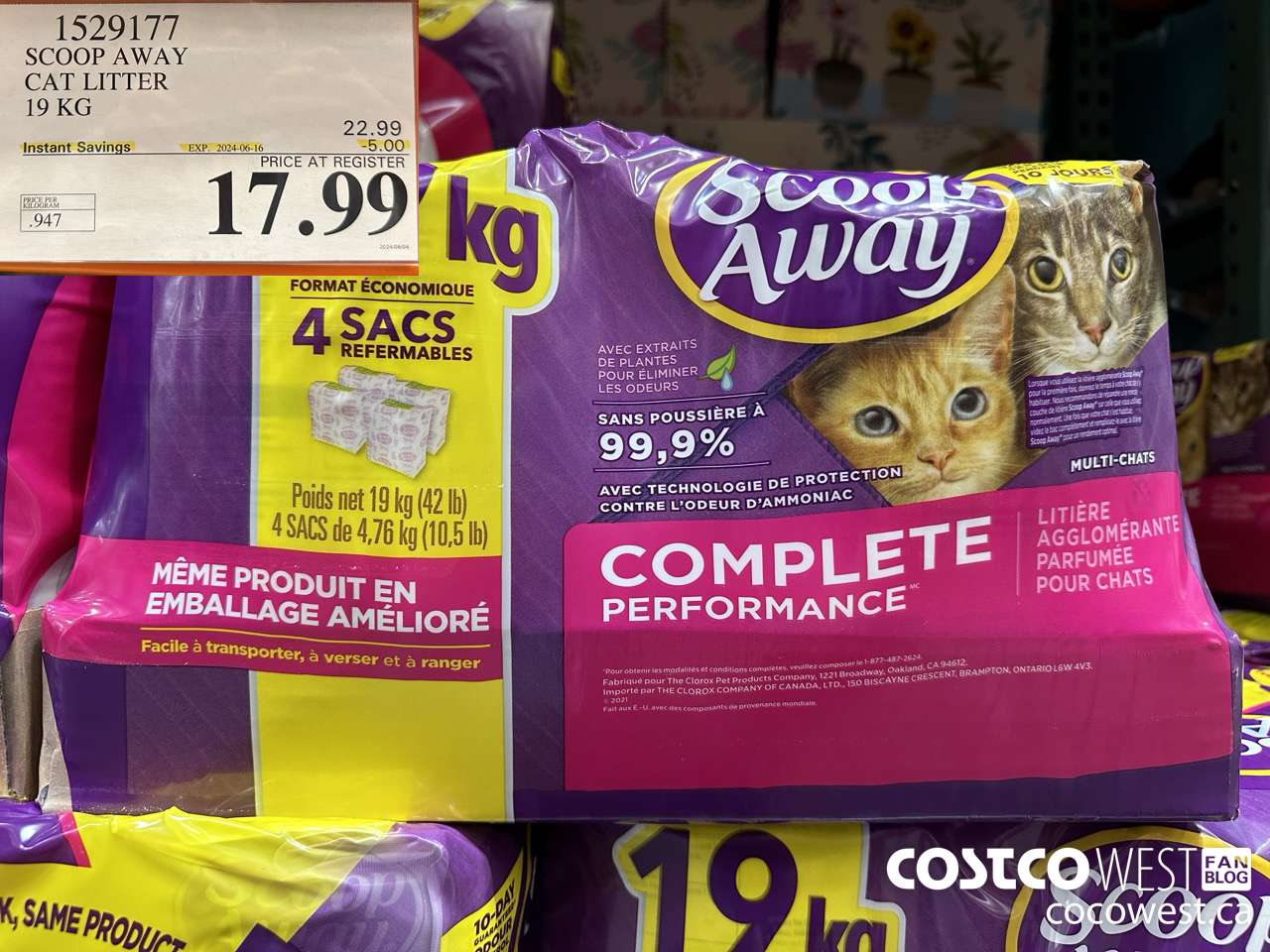 1529177 SCOOP AWAY CAT LITTER 19 KG ($5.00 INSTANT SAVINGS EXPIRES ON 2024-06-16) $17.99