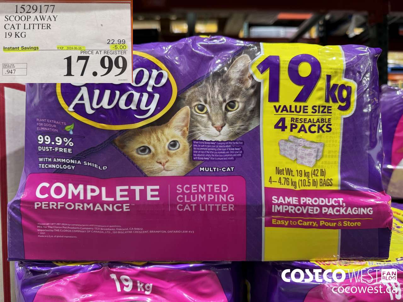 1529177 SCOOP AWAY CAT LITTER 19 KG ($5.00 INSTANT SAVINGS EXPIRES ON 2024-06-16) $17.99
