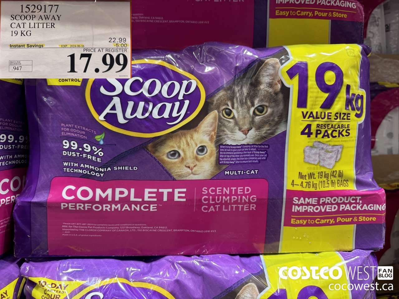 1529177 SCOOP AWAY CAT LITTER 19 KG ($5.00 INSTANT SAVINGS EXPIRES ON 2024-06-16) $17.99