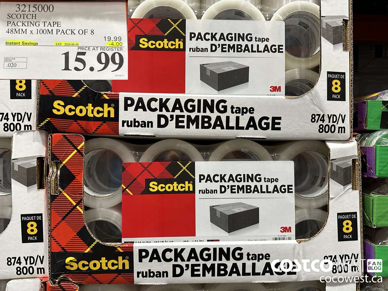 3215000 SCOTCH PACKING TAPE 48MM x 100M PACK OF 8 ($4.00 INSTANT SAVINGS EXPIRES ON 2024-06-30) $15.99