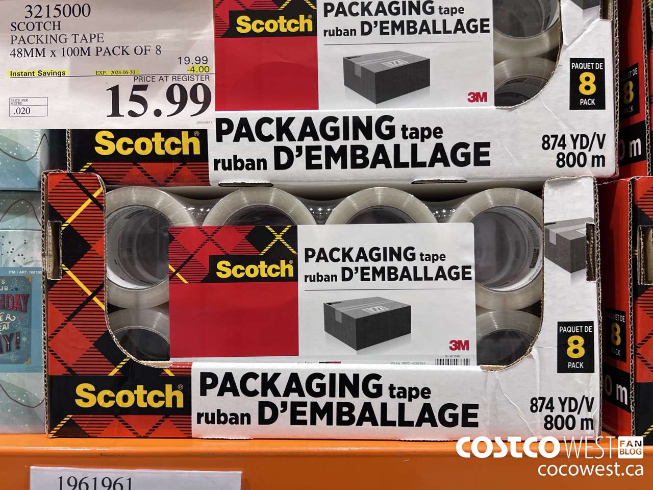 3215000 SCOTCH PACKING TAPE 48MM x 100M PACK OF 8 ($4.00 INSTANT SAVINGS EXPIRES ON 2024-06-30) $15.99