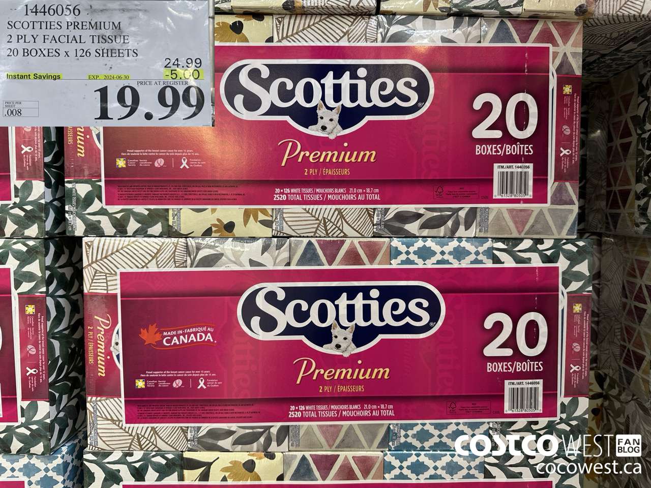 1446056 SCOTTIES PREMIUM 2 PLY FACIAL TISSUE 20 BOXES x 126 SHEETS ($5.00 INSTANT SAVINGS EXPIRES ON 2024-06-30) $19.99