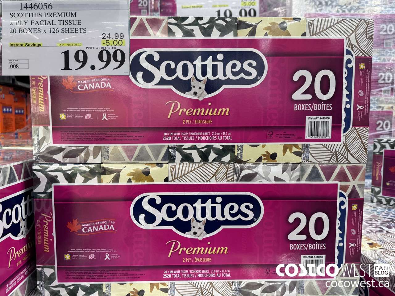 1446056 SCOTTIES PREMIUM 2 PLY FACIAL TISSUE 20 BOXES x 126 SHEETS ($5.00 INSTANT SAVINGS EXPIRES ON 2024-06-30) $19.99