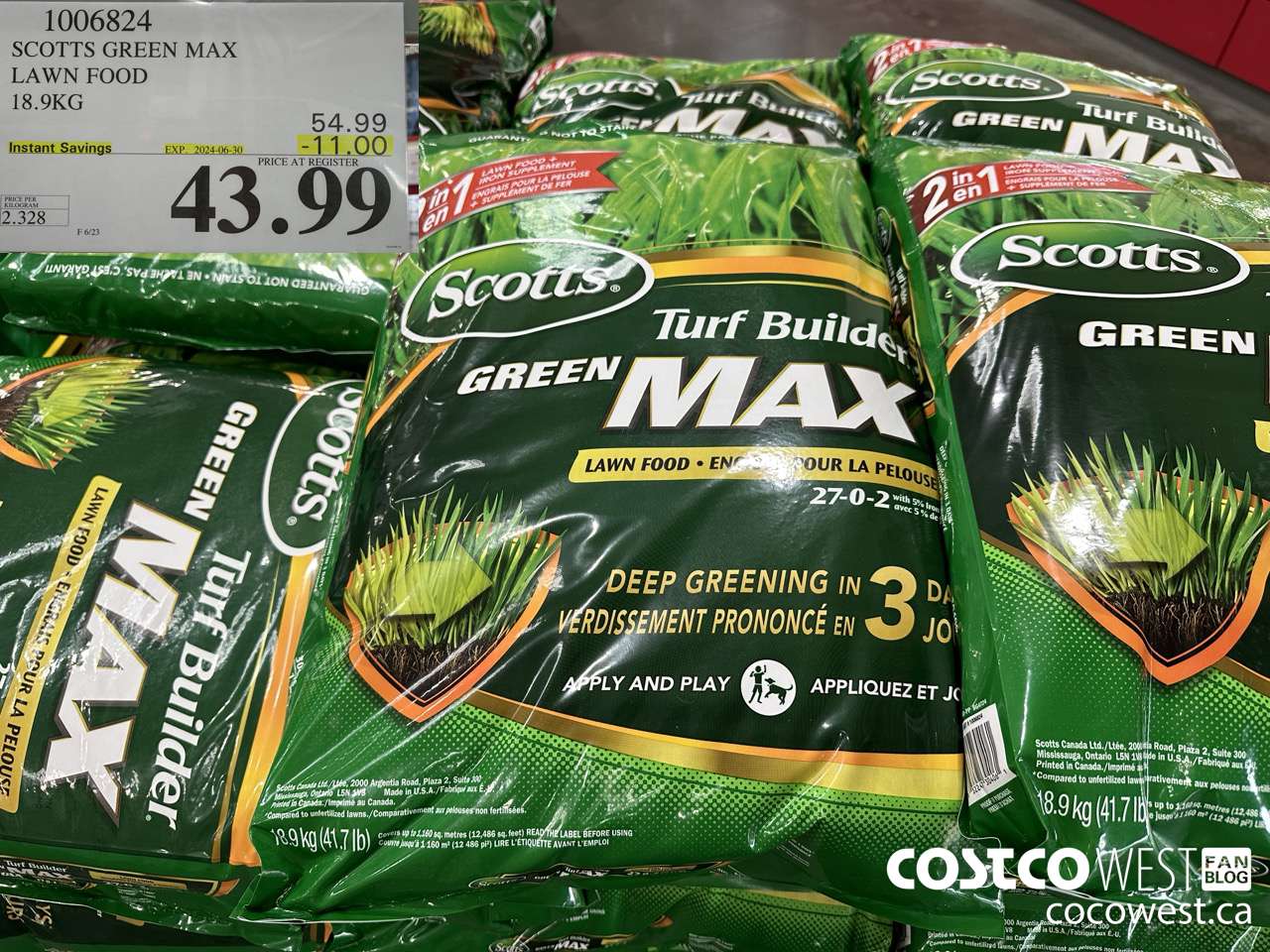 1006824 SCOTTS GREEN MAX LAWN FOOD 18.9KG ($11.00 INSTANT SAVINGS EXPIRES ON 2024-06-30) $43.99
