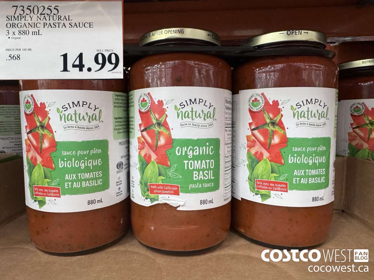 7350255 SIMPLY NATURAL ORGANIC PASTA SAUCE 3 X 880 ML $14.99