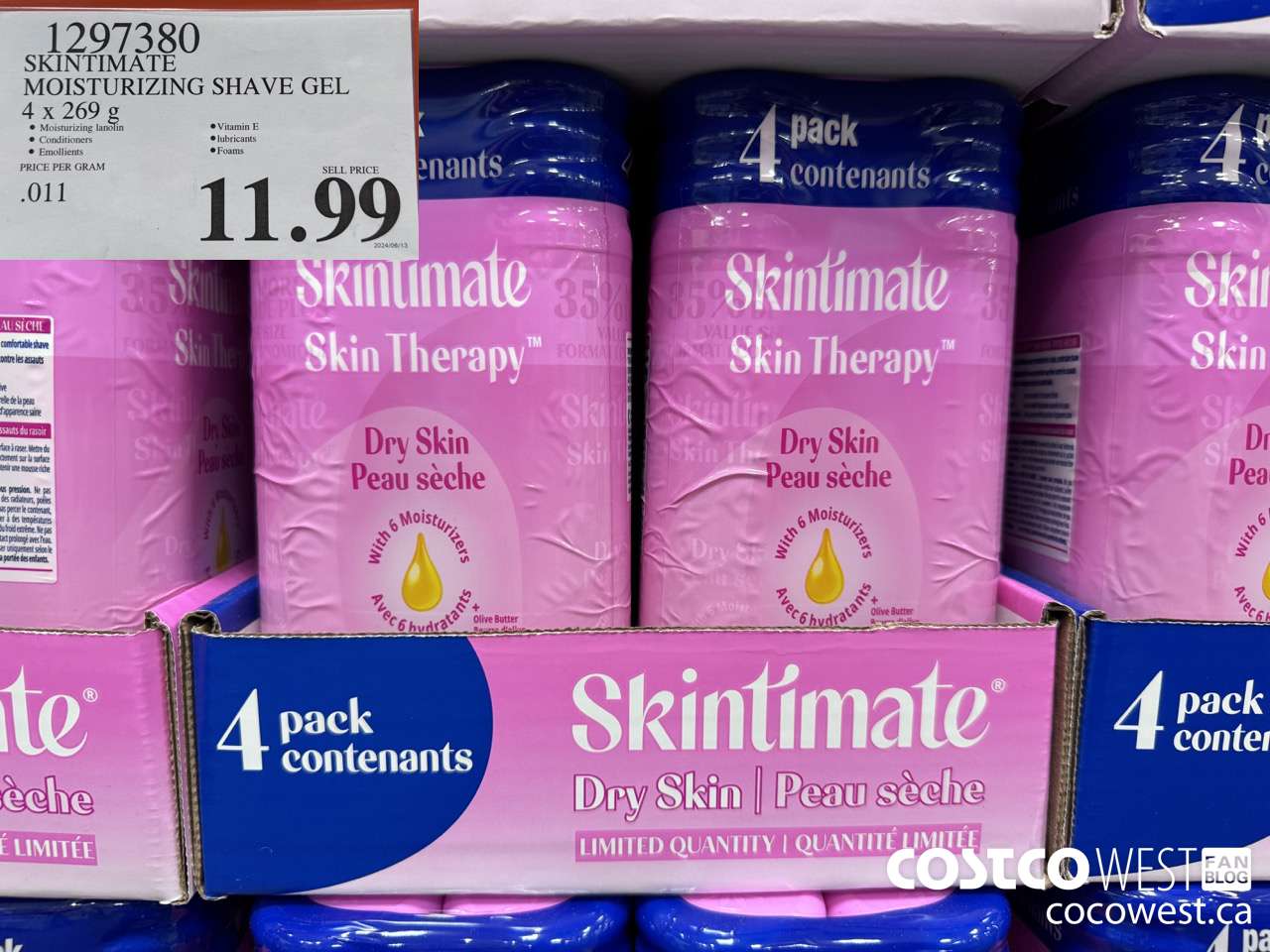 1297380 SKINTIMATE MOISTURIZING SHAVE GEL 4 X 269 G $11.99