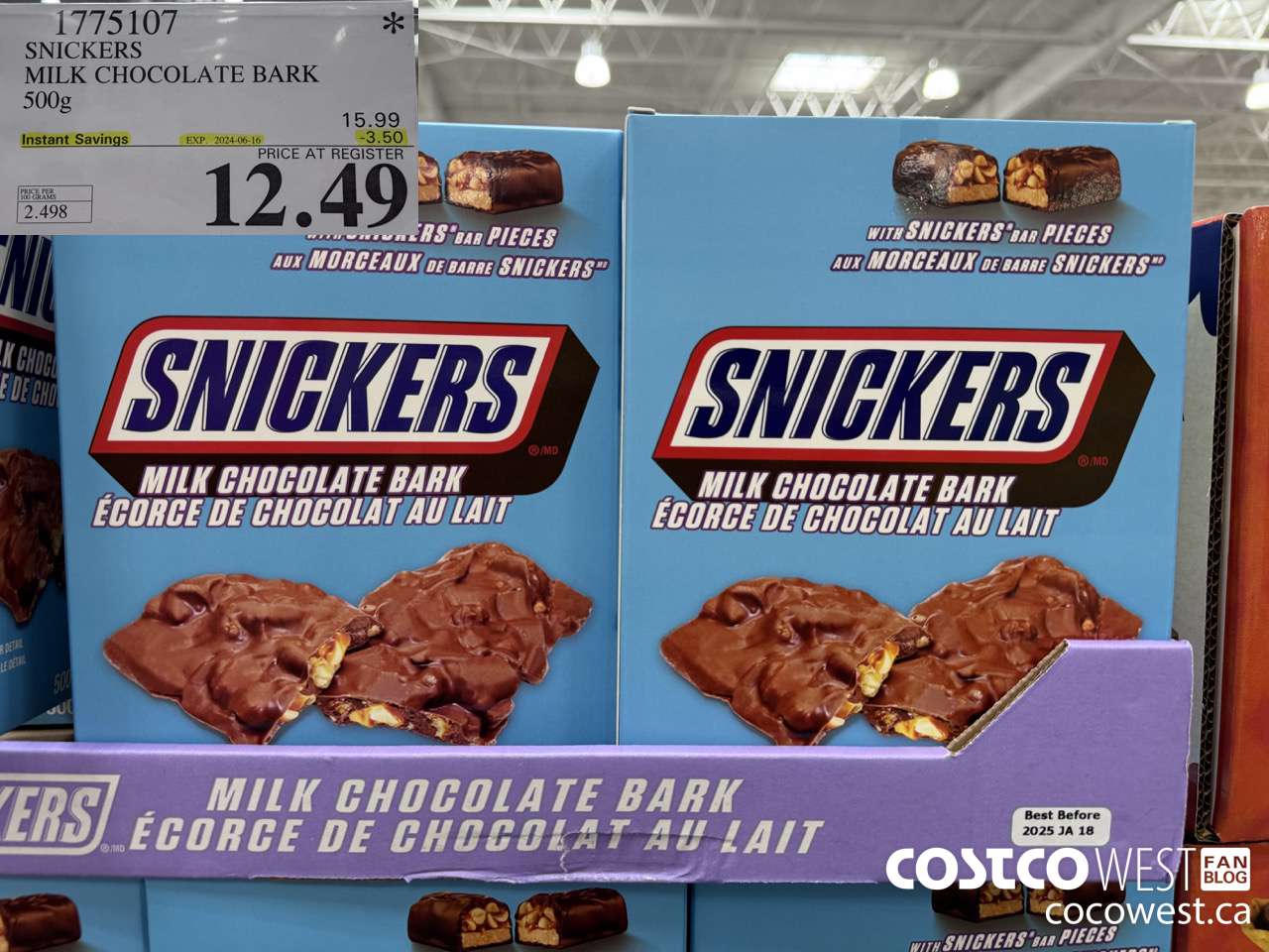 1775107 SNICKERS MILK CHOCOLATE BARK 500G ($3.50 INSTANT SAVINGS EXPIRES ON 2024-06-16) $12.49