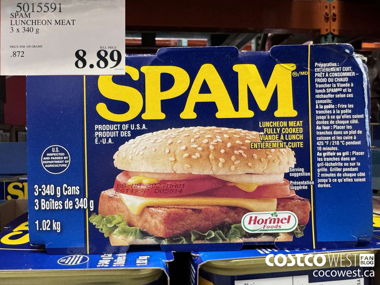 5015591 SPAM LUNCHEON MEAT 3 X 340 G $8.89