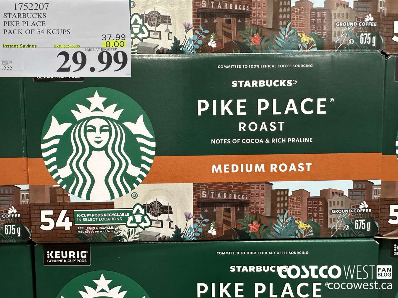 1752207 STARBUCKS PIKE PLACE PACK OF 54 KCUPS  ($8.00 INSTANT SAVINGS EXPIRES ON 2024-06-30) $29.99
