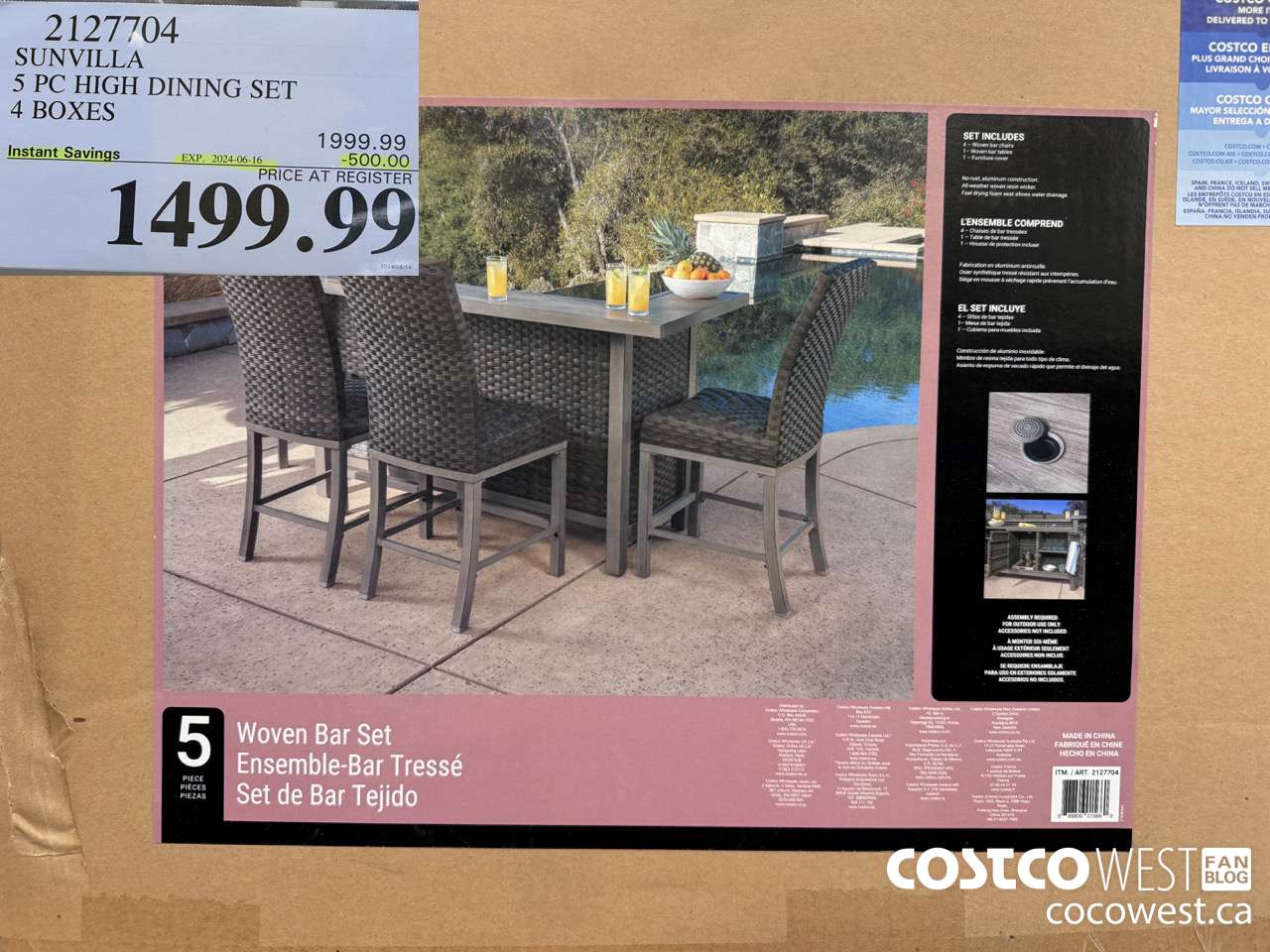 2127704 SUNVILLA 5 PC HIGH DINING SET 4 BOXES ($500.00 INSTANT SAVINGS EXPIRES ON 2024-06-16) $1499.99