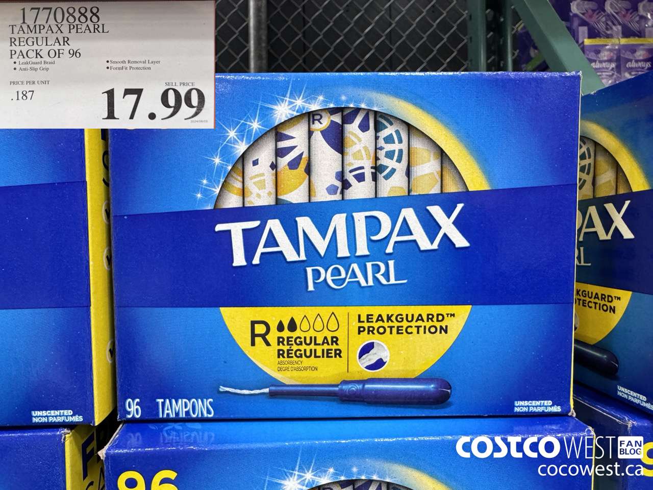 1770888 TAMPAX PEARL REGULAR PACK OF 96 $17.99