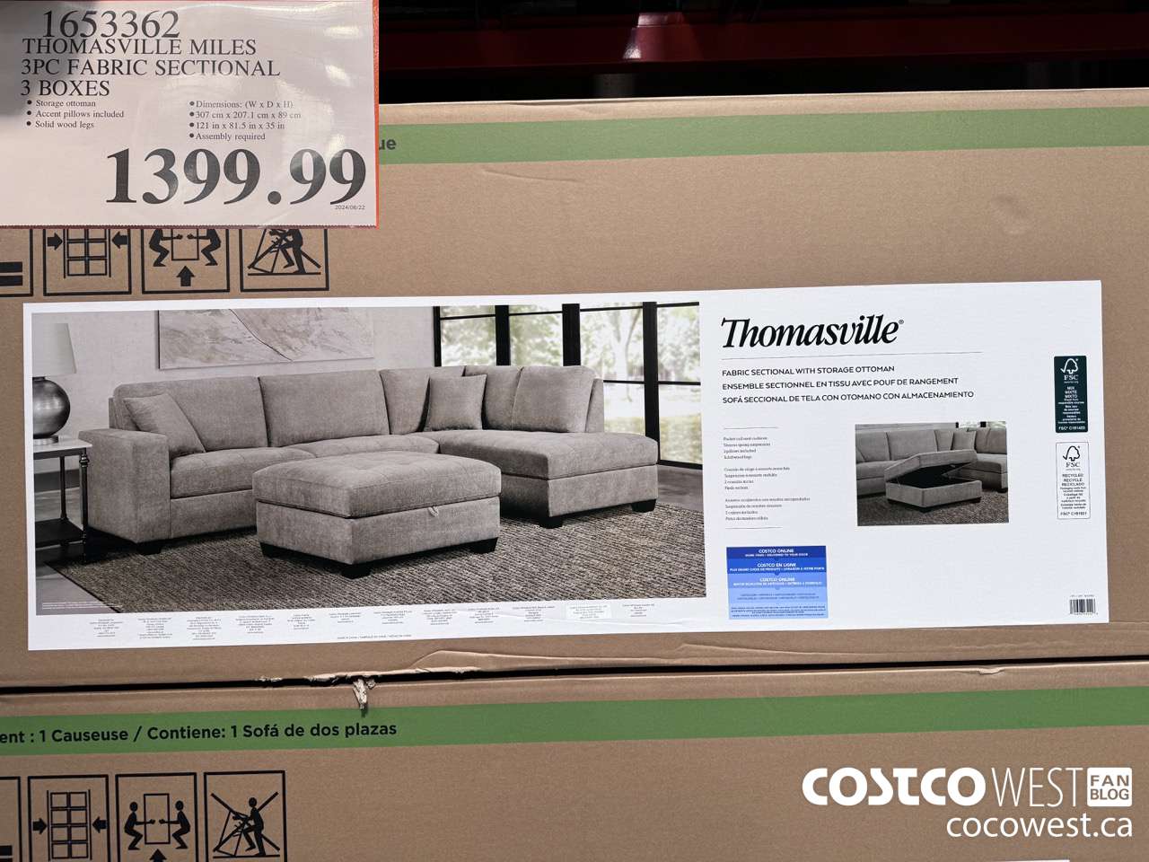 1653362 THOMASVILLE MILES 3PC FABRIC SECTIONAL 3 BOXES $1399.99