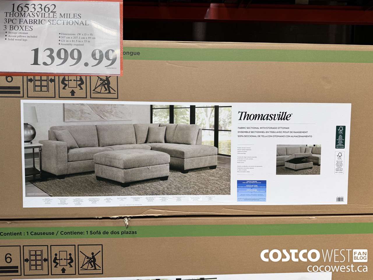 1653362 THOMASVILLE MILES 3PC FABRIC SECTIONAL 3 BOXES $1399.99