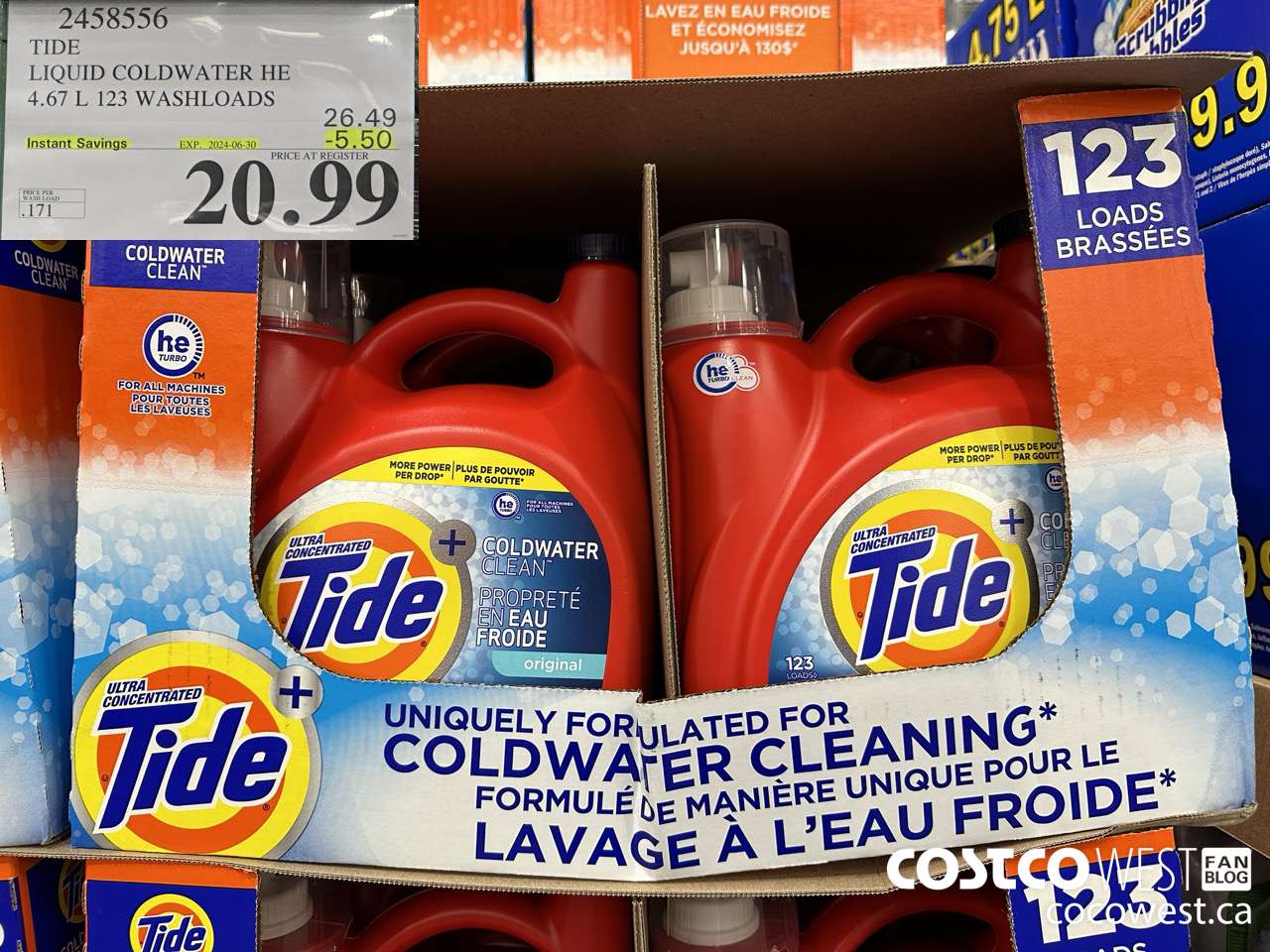 2458556 TIDE LIQUID COLDWATER HE 4.67 L 123 WASHLOADS ($5.50 INSTANT SAVINGS EXPIRES ON 2024-06-30) $20.99