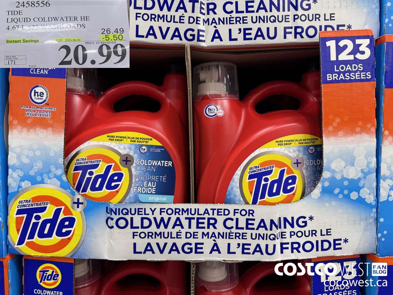2458556 TIDE LIQUID COLDWATER HE 4.67 L 123 WASHLOADS ($5.50 INSTANT SAVINGS EXPIRES ON 2024-06-30) $20.99