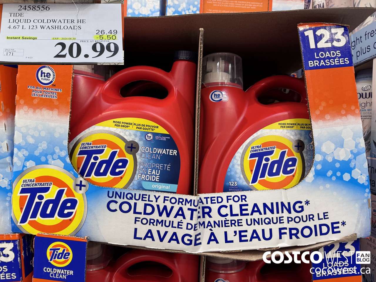 2458556 TIDE LIQUID COLDWATER HE 4.67 L 123 WASHLOADS ($5.50 INSTANT SAVINGS EXPIRES ON 2024-06-30) $20.99