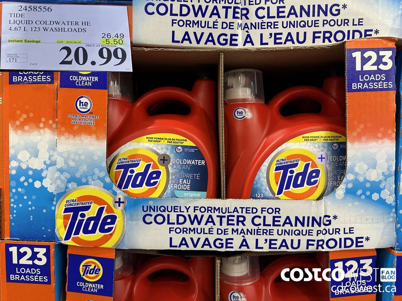 2458556 TIDE LIQUID COLDWATER HE 4.67 L 123 WASHLOADS ($5.50 INSTANT SAVINGS EXPIRES ON 2024-06-30) $20.99