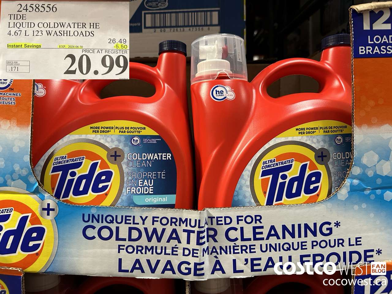 2458556 TIDE LIQUID COLDWATER HE 4.67 L 123 WASHLOADS ($5.50 INSTANT SAVINGS EXPIRES ON 2024-06-30) $20.99