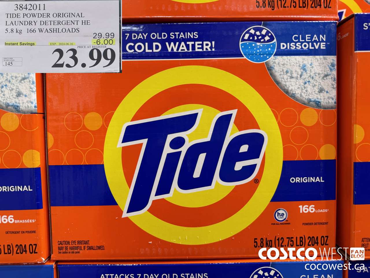 3842011 TIDE POWDER ORIGINAL LAUNDRY DETERGENT HE 5.8KG 166 WASHLOADS ($6.00 INSTANT SAVINGS EXPIRES ON 2024-06-16) $23.99