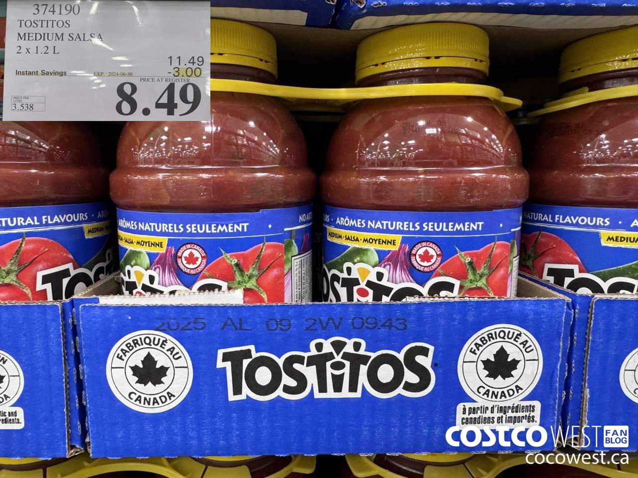 374190 TOSTITOS MEDIUM SALSA 2 X 1.2 L ($3.00 INSTANT SAVINGS EXPIRES ON 2024-06-30) $8.49