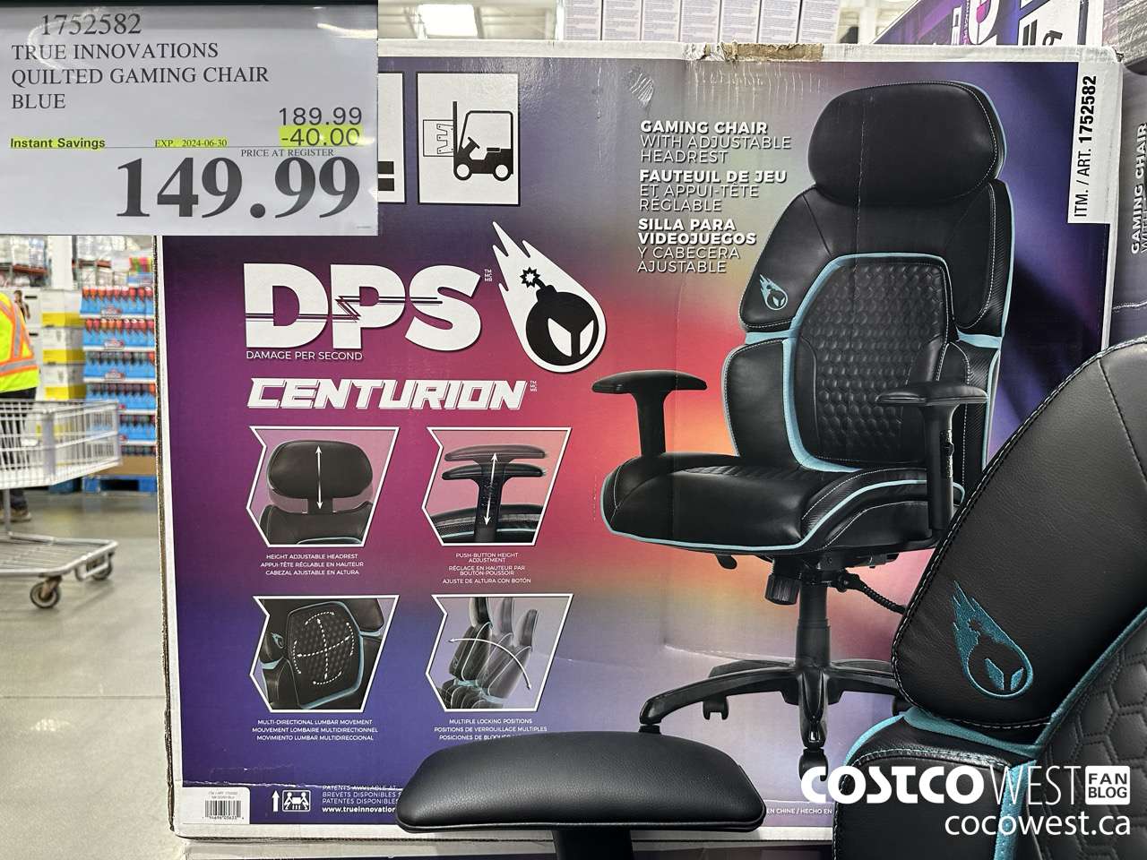 1752582 TRUE INNOVATIONS QUILTED GAMING CHAIR BLUE ($40.00 INSTANT SAVINGS EXPIRES ON 2024-06-30) $149.99