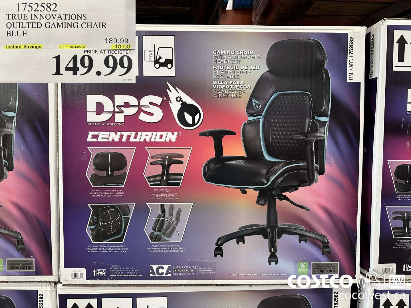 1752582 TRUE INNOVATIONS QUILTED GAMING CHAIR BLUE ($40.00 INSTANT SAVINGS EXPIRES ON 2024-06-30) $149.99