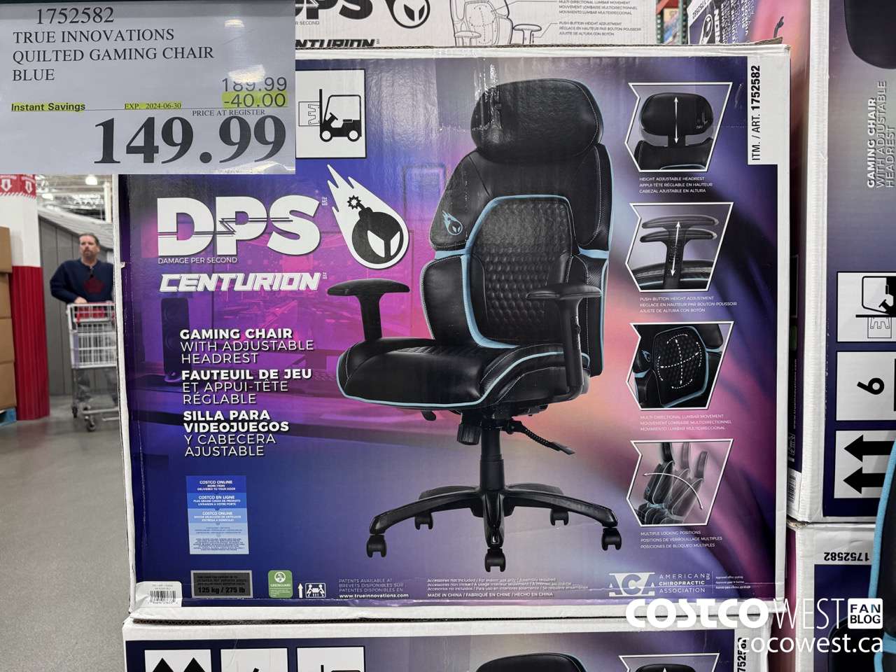 1752582 TRUE INNOVATIONS QUILTED GAMING CHAIR BLUE ($40.00 INSTANT SAVINGS EXPIRES ON 2024-06-30) $149.99