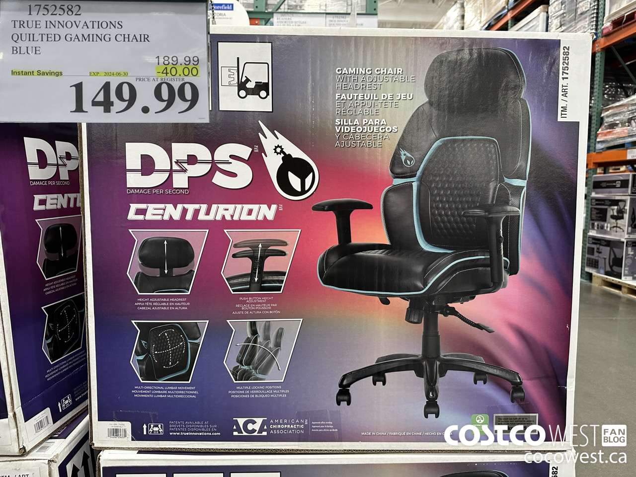 1752582 TRUE INNOVATIONS QUILTED GAMING CHAIR BLUE ($40.00 INSTANT SAVINGS EXPIRES ON 2024-06-30) $149.99