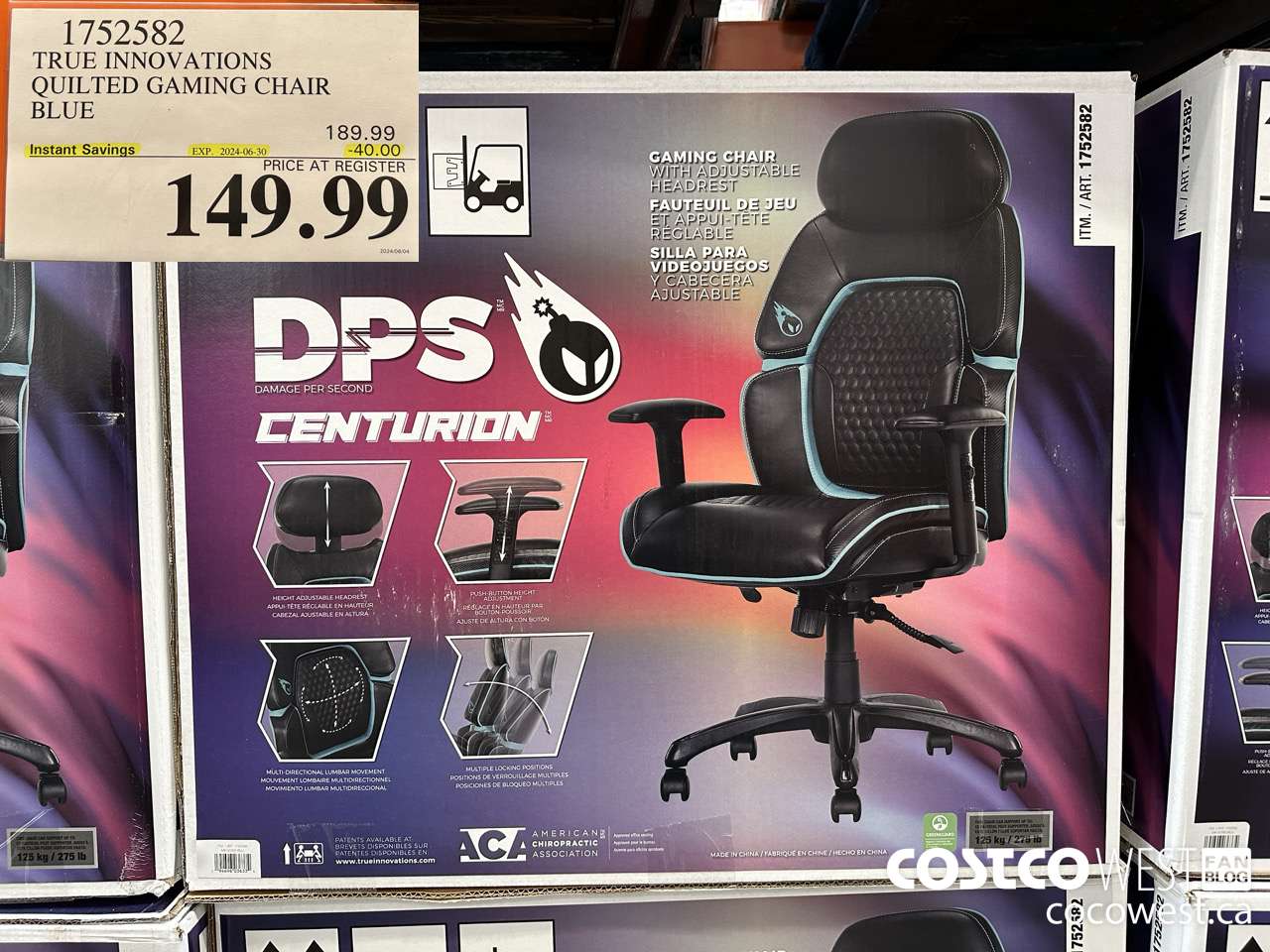 1752582 TRUE INNOVATIONS QUILTED GAMING CHAIR BLUE ($40.00 INSTANT SAVINGS EXPIRES ON 2024-06-30) $149.99