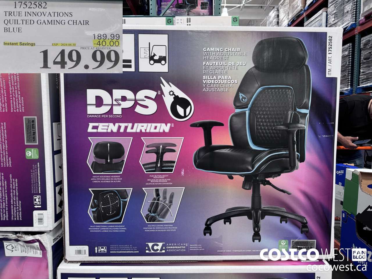 1752572 TRUE INNOVATIONS QUILTED GAMING CHAIR BLUE ($40.00 INSTANT SAVINGS EXPIRES ON 2024-06-30) $149.99