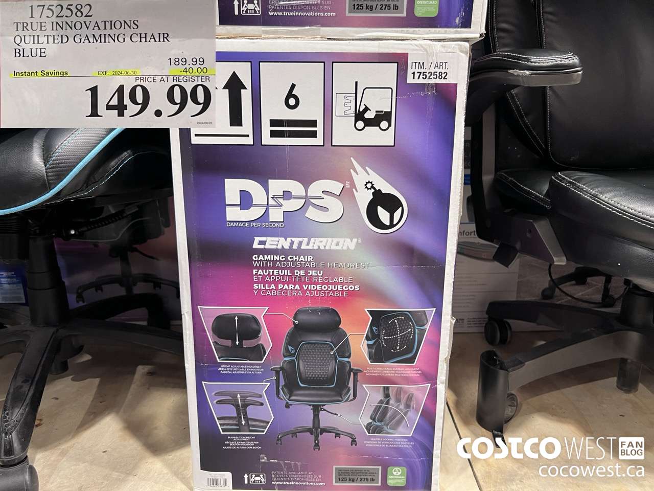 1752582 TRUE INNOVATIONS QUILTED GAMING CHAIR BLUE ($40.00 INSTANT SAVINGS EXPIRES ON 2024-06-30) $149.99