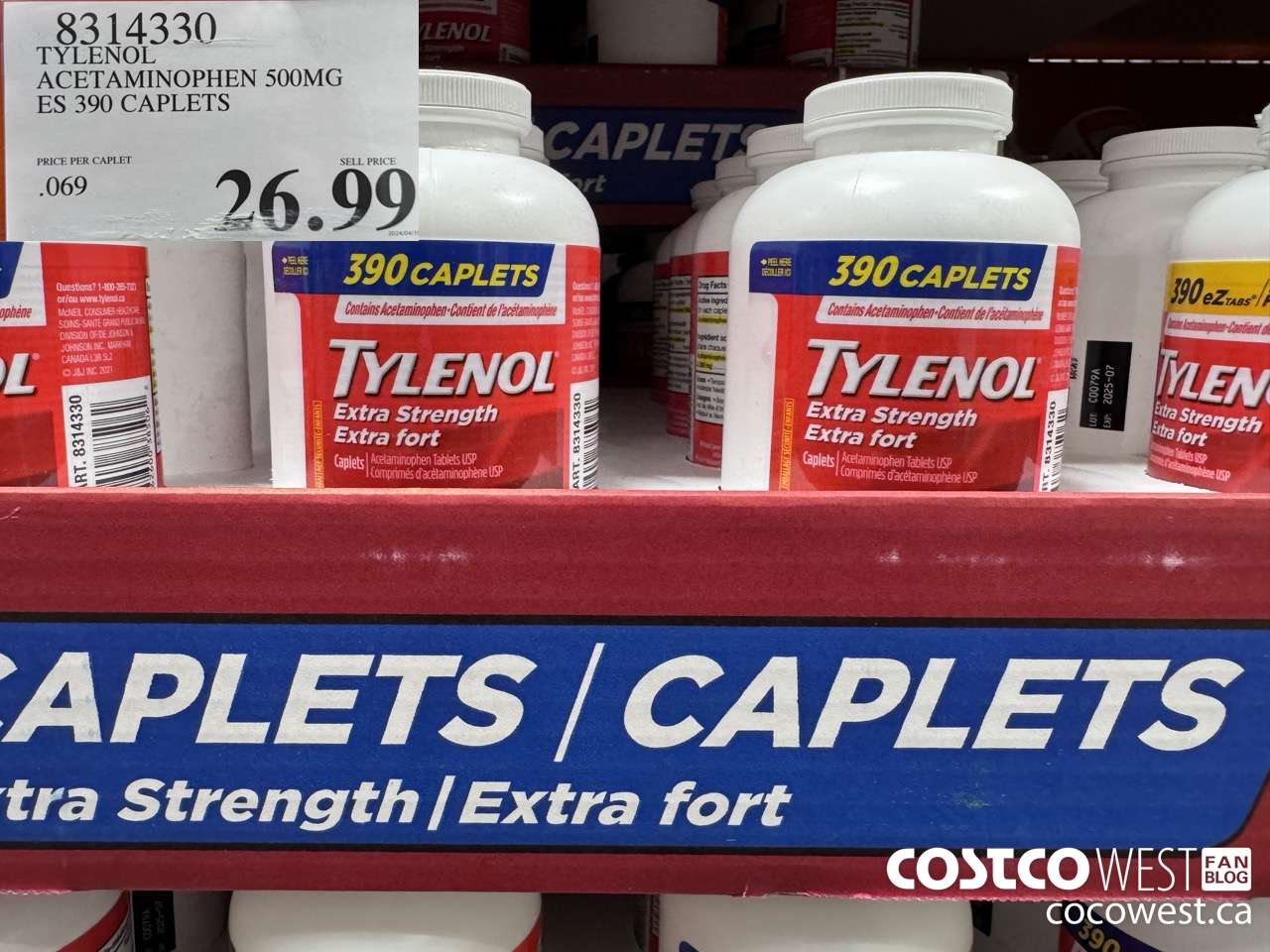 8314330 TYLENOL ACETAMINOPHEN 500MG ES 390 CAPLETS $26.99