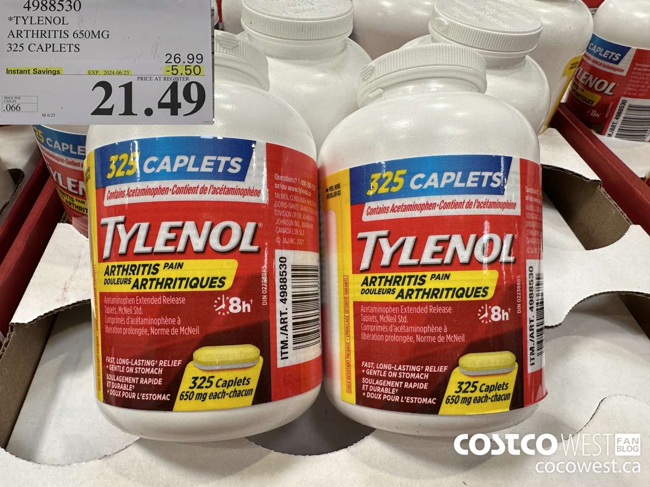 4988530 TYLENOL ARTHRITIS 650MG 325 CAPLETS ($5.50 INSTANT SAVINGS EXPIRES ON 2024-06-23) $21.49
