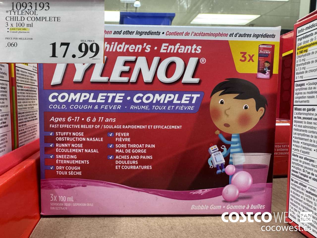 1093193 TYLENOL CHILD COMPLETE 3 X 100 ML $17.99
