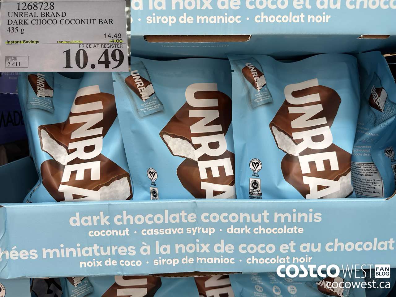 1268728 UNREAL DARK CHOCOLATE COCONUT BAR 435 G ($4.00 INSTANT SAVINGS EXPIRES ON 2024-07-07) $10.49