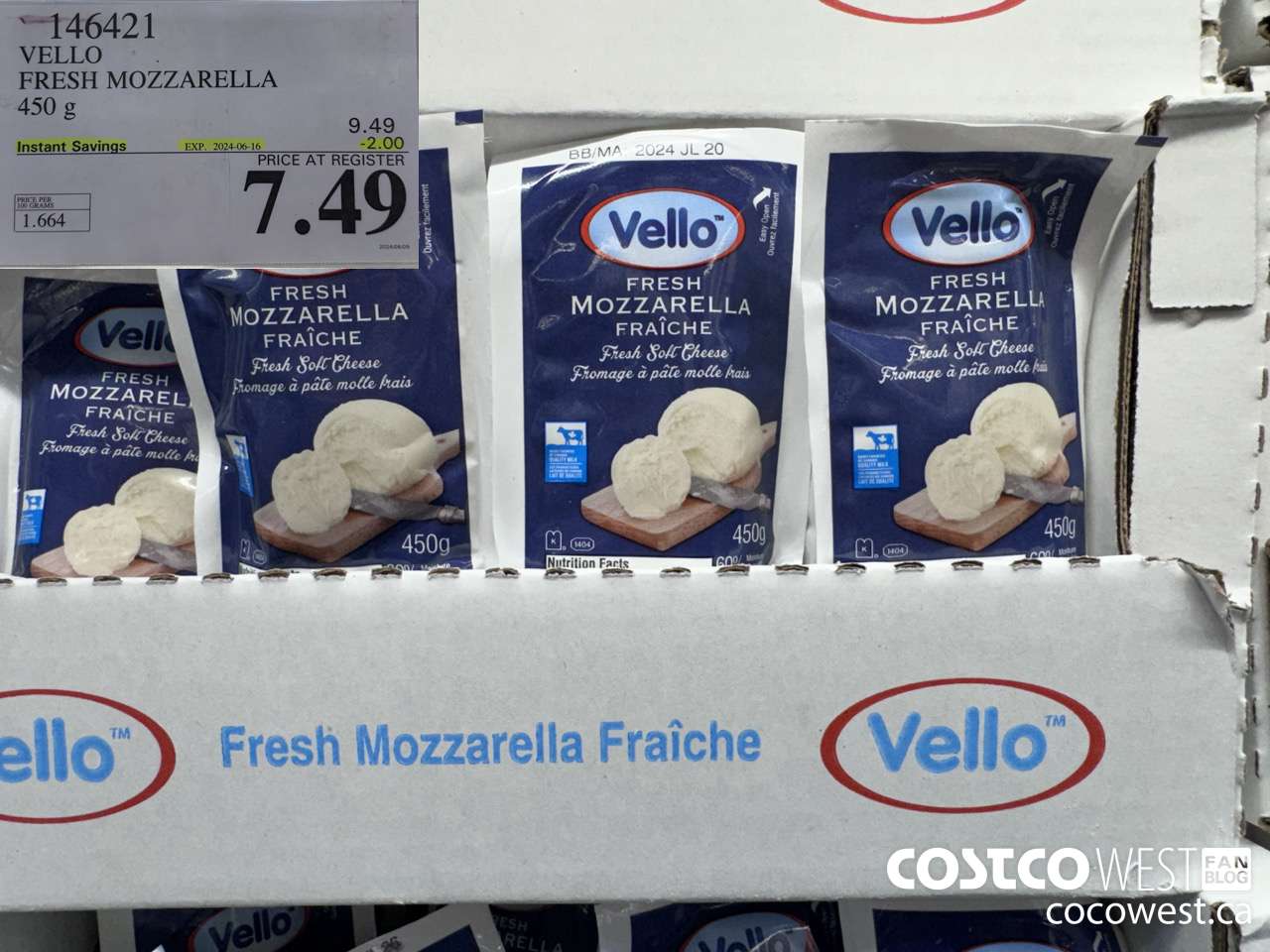 146421 VELLO FRESH MOZZARELLA 450 G ($2.00 INSTANT SAVINGS EXPIRES ON 2024-06-16) $7.49