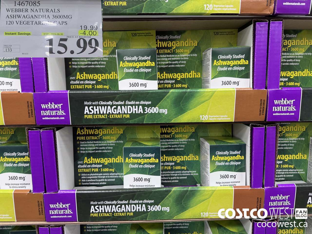 1467085 WEBBER NATURALS ASHWAGANDHA 3600MG 120 VEGETARIAN CAPSULES ($4.00 INSTANT SAVINGS EXPIRES ON 2024-06-30) $15.99