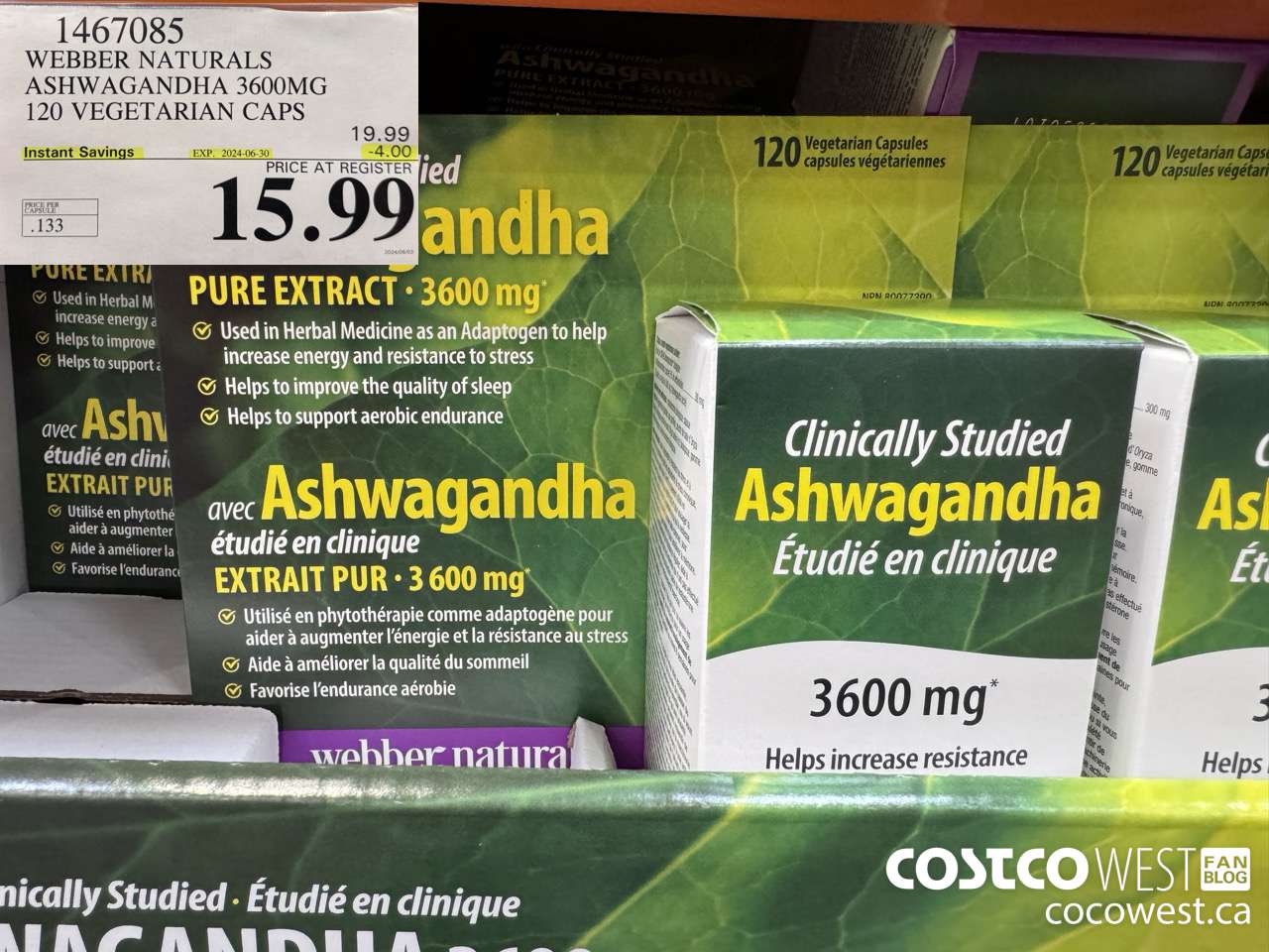 1467085 WEBBER NATURALS ASHWAGANDHA 3600MG 120 VEGETARIAN CAPSULES ($4.00 INSTANT SAVINGS EXPIRES ON 2024-06-30) $15.99